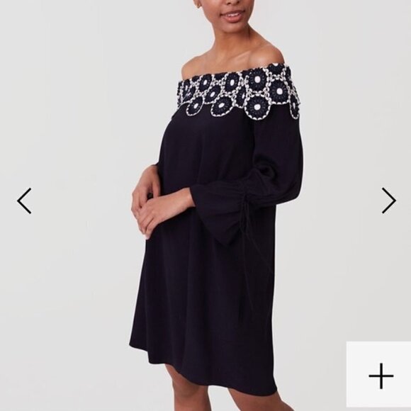 NWT Ann Taylor LOFT Dress Off the Shoulder Crochet Lace Floral Navy BLue White - Picture 2 of 11